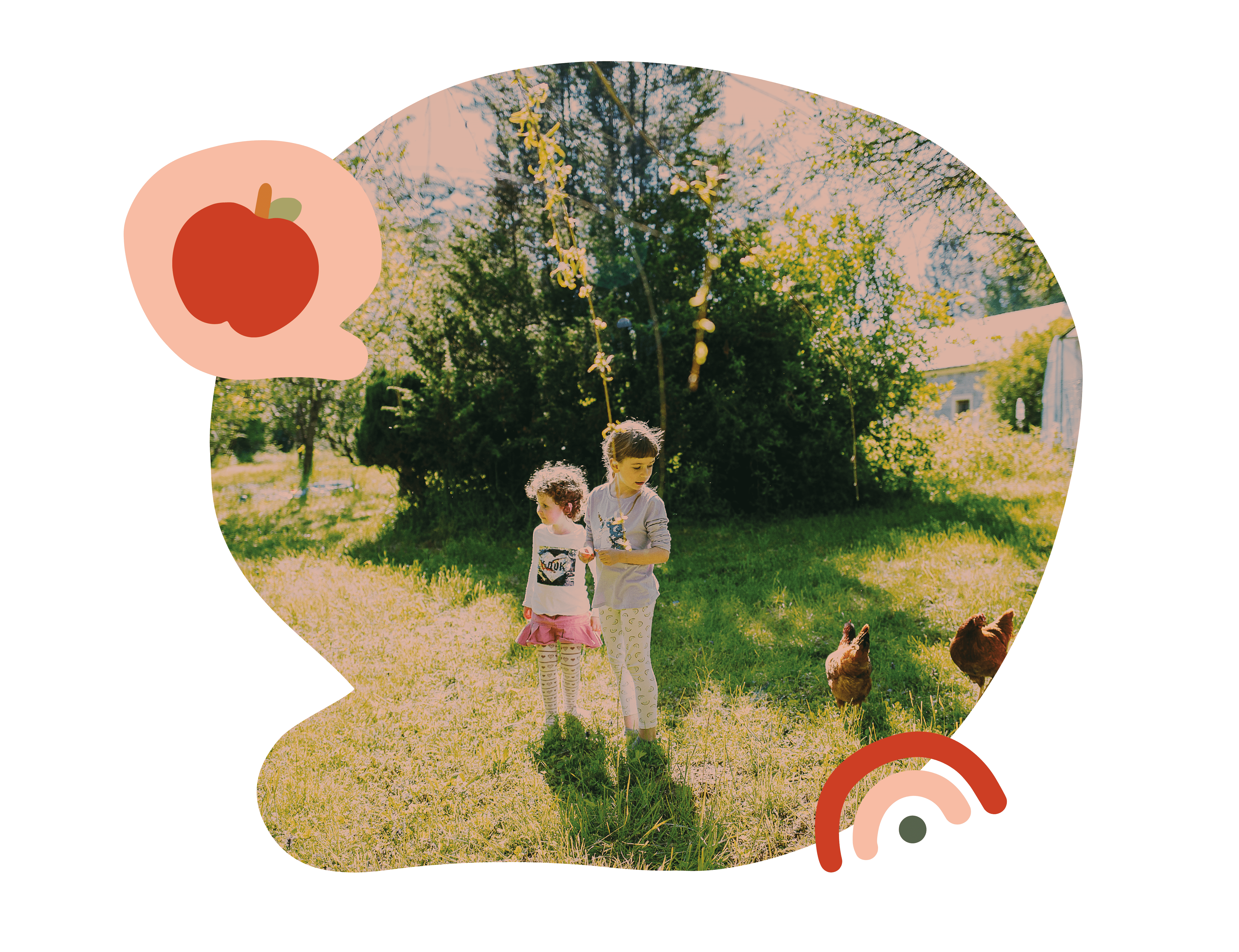 bulle conversation contenant une photo de 2 enfants observant des poules. 2 éléments graphiques sont ajoutées: une pomme rouge et un arc-en-ciel